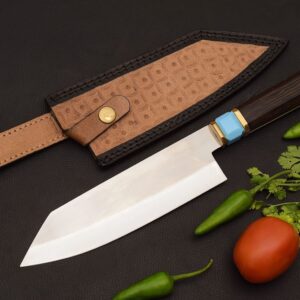 Handmade Santoku Chef Knife 8 Inch Stainless Steel Blade with Wooden Handle and Leather Sheath