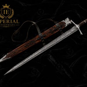 Handmade Viking Damascus Steel Sword with Ornate Wooden Scabbard and Medieval Design