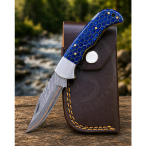 Blue Honeycomb Handle Damascus Folding Knife with Leather Pouch
